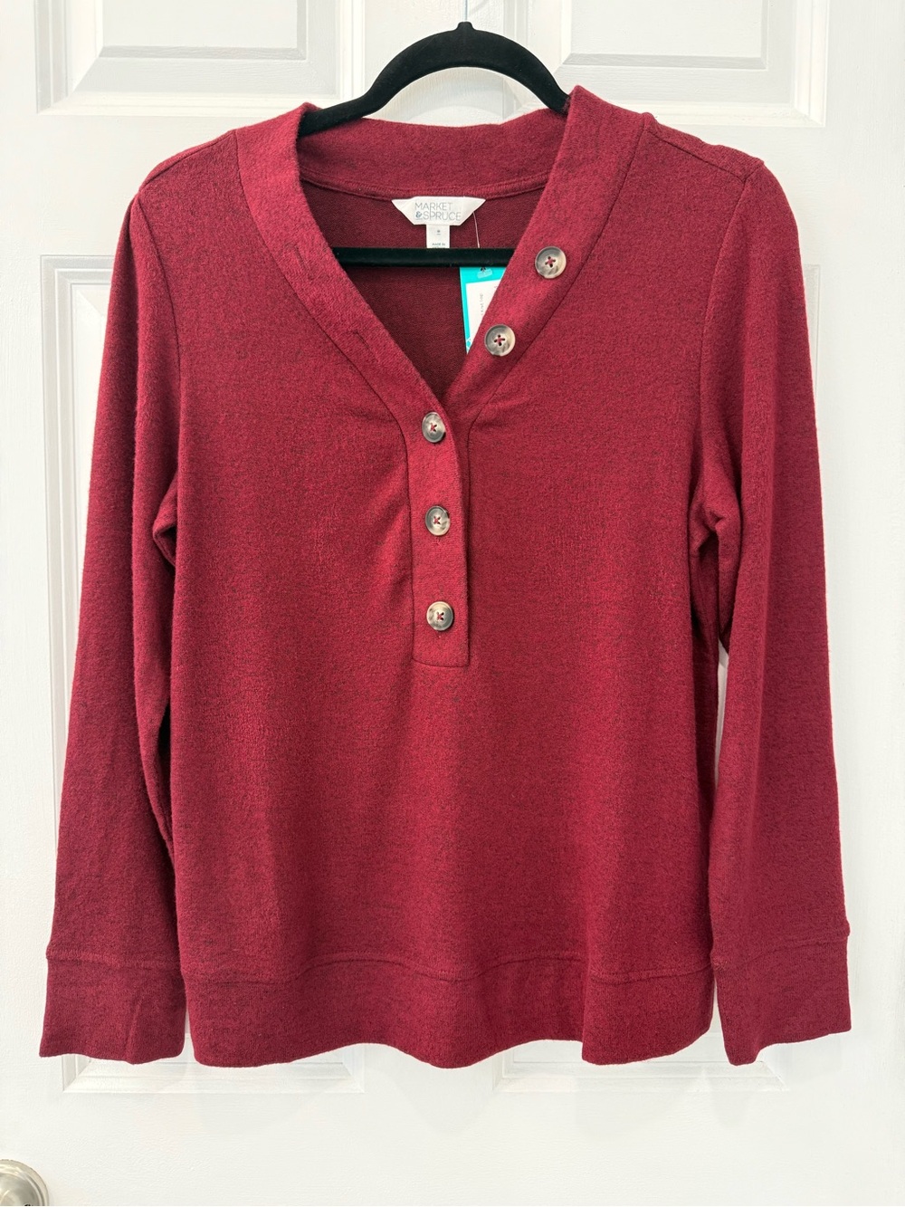 NWT Women’s MARKET & SPRUCE Joey Henley Cozy Brushed Knit Top Burgundy Medium